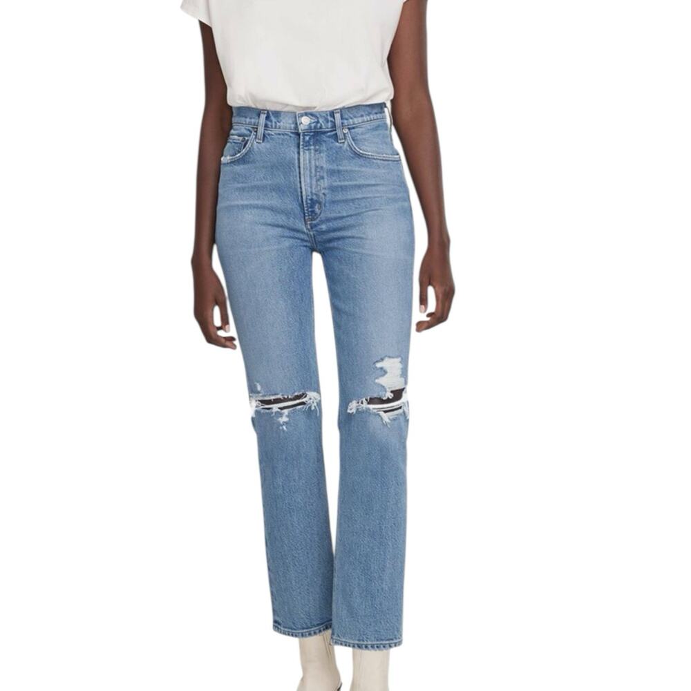 Agolde Wilder High Rise Jeans Comfort Straight Distressed Blue Denim Size 25